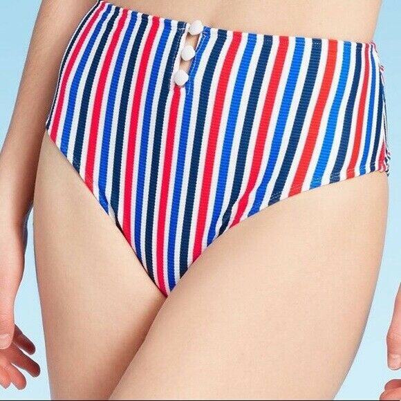 Xhilaration Ribbed Button-Front High Waist Bikini Bottom Small Red White Blue - Picture 2 of 7